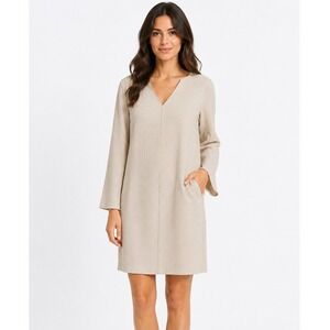 NWT Antonelli Firenze Beige Textured V-Neck Long Sleeve Shift Dress Size 40 New